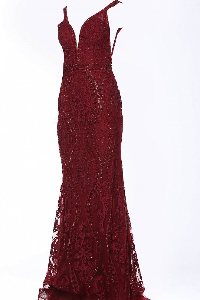 JVN03112 Burgundy Embroidered crystal embellished prom dress, form fitting silhouette, floor length, sleeveless bodice, plunging neckline with sheer mesh insert, V back.  