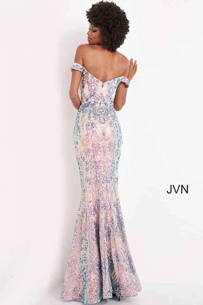 Jovani JVN04515 is an over the top 2021 Prom Formal Wear Style! This Glamorous Pageant Gown Features off the shoulder straps with a Plunging V Neckline. Fitted Mermaid Silhouette Cascades into a subtle lush trumpet skirt. Elaborate Multi Color Sequin Pattern form a damask print and add a Glamorous appeal. This gown is for those who want to be seen! Great for Plus Size! Great sexy wedding reception dress in ivory! JVN 04515