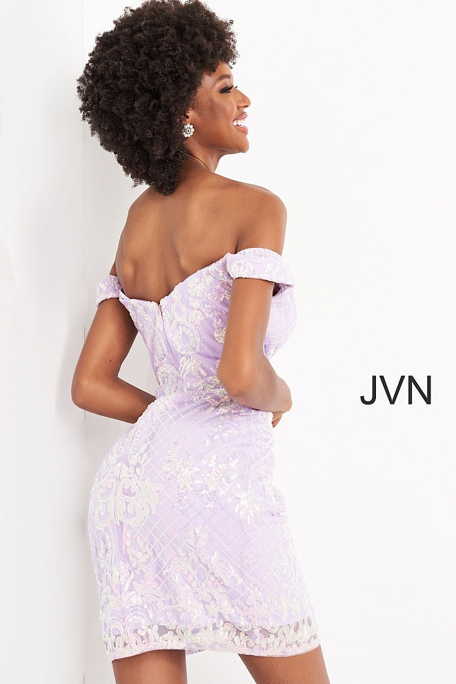 Jovani JVN05251 Size 10 Lilac Short Fitted Sequin off the shoulder Cocktail Dress