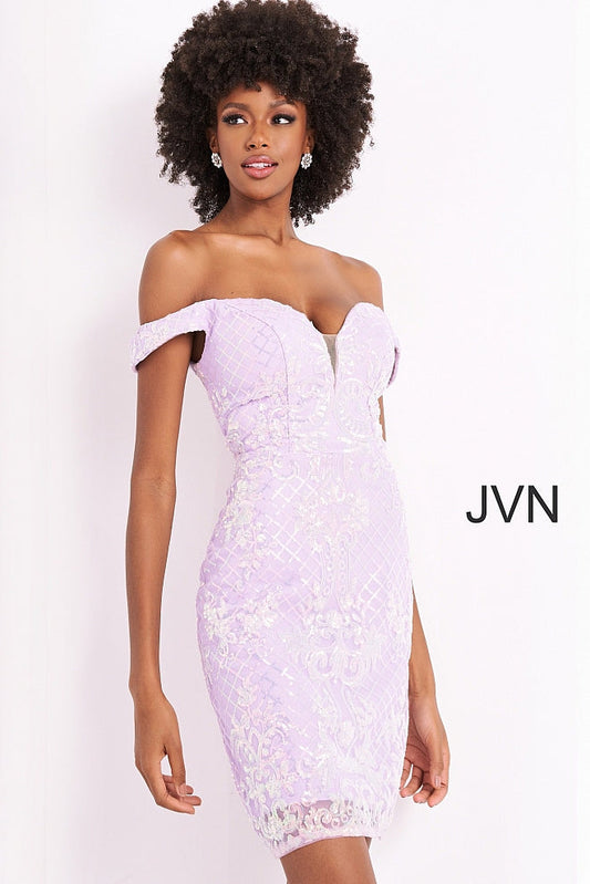 Jovani JVN05251 Size 10 Lilac Short Fitted Sequin off the shoulder Cocktail Dress