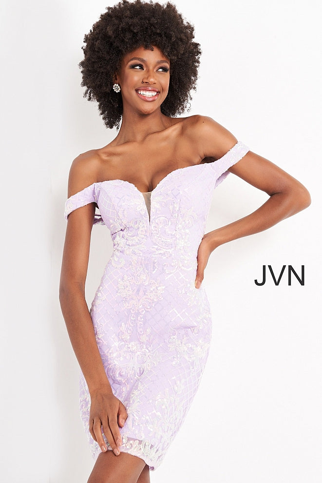 Jovani JVN05251 Size 10 Lilac Short Fitted Sequin off the shoulder Cocktail Dress