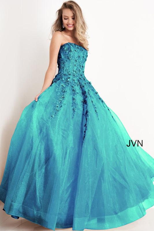 Jovani JVN05451 Long Shimmer Ball Gown Prom Dress Floral Applique Glitter