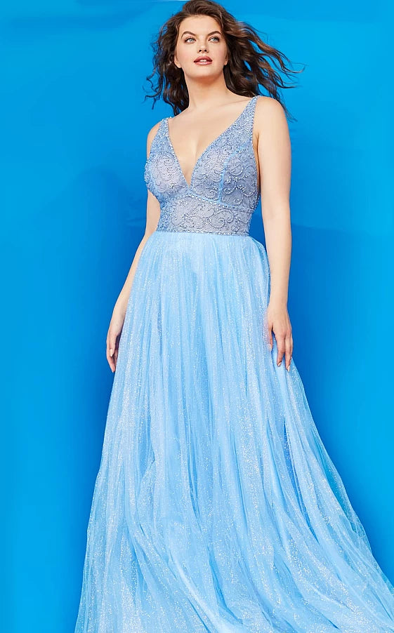 Jovani JVN05818 - JVN 05818 is a Gorgeous Long Glittering Tulle A Line ballgown prom dress. Featuring a sheer Fitted V Neckline bodice with crystal rhinestone embellishments. Open V Back. Look like a princess in this stunning formal evening gown.