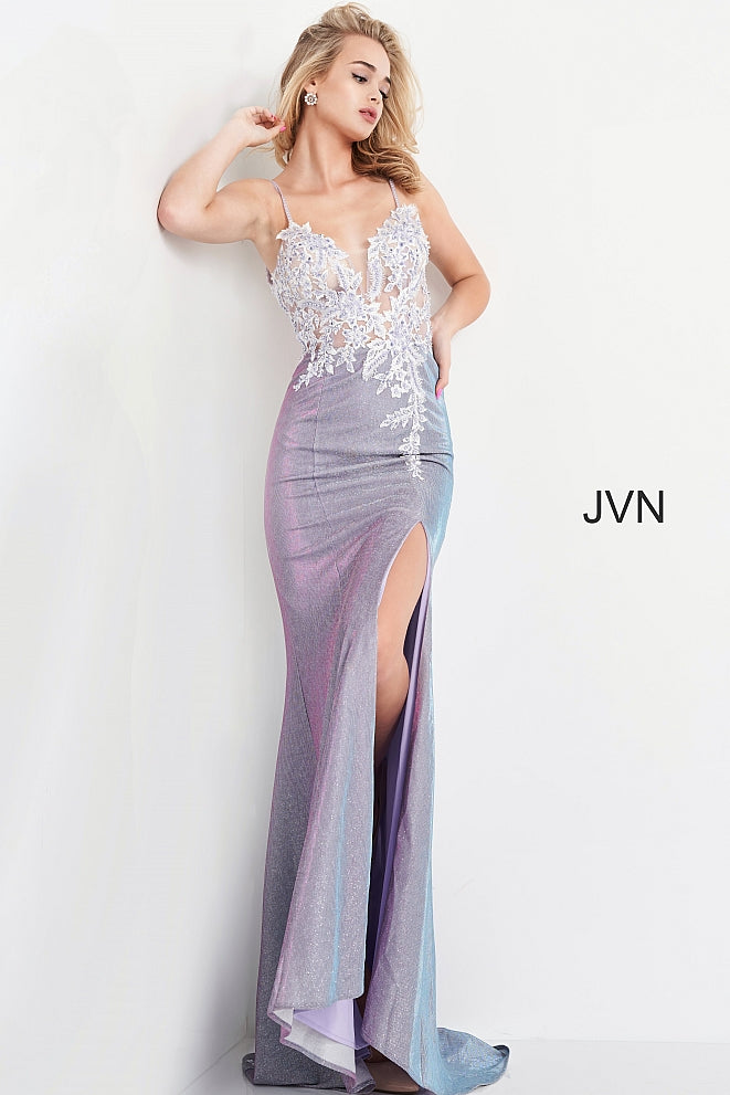 Jovani JVN06454 - JVN 06454 is a gorgeous long Lilac formal evening gown. This prom dress features a glitter shimmering stretch iridescent skirt with a slit and floral lace appliques cascading down the back of the dress into the sweeping train. Fitted Plunging  V Neckline sheer bodice covered in beaded & Embellished flower lace appliques and crystal rhinestone studded spaghetti straps. Open V Back. Available Sizes: 00,0,2,4,6,8,10,12,14,16,18,20,22,24  Available Sizes: Lilac