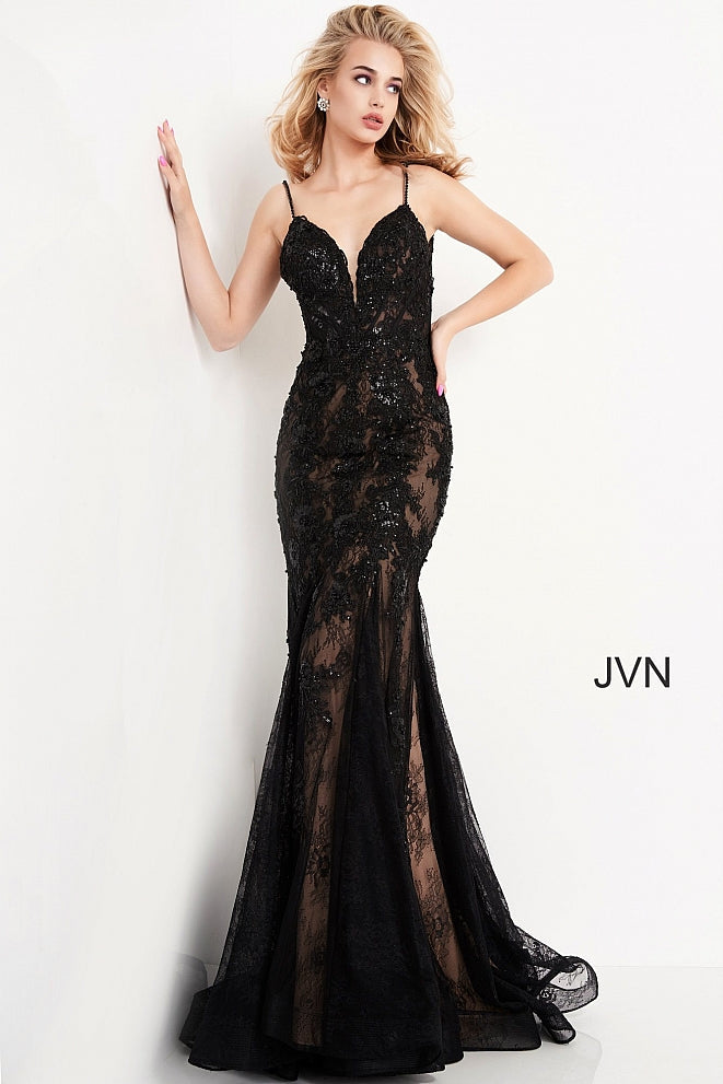 Jovani JVN06475 - JVN 06475 is a Stunning Long fitted formal evening gown. Featuring a solid lace design with floral lace appliques embellished with Beading & Sequins. Fit & Flare Mermaid silhouette with a lush sweeping trumpet skirt & Train. Sheer corset style fitted bodice with boning. open V Back. This Backless Prom dress has beaded spaghetti straps and a plunging neckline. Great Pageant Style as well! Available Sizes: 00,0,2,4,6,8,10,12,14,16,18,20,22,24  Available Colors: Silver, Black, Black/Nude