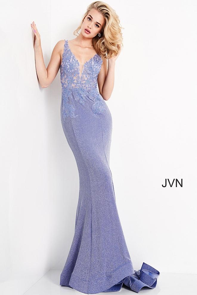 Jovani JVN06505 - JVN 06505 is a stunning shimmering glitter stretch fabric. Featuring a sheer Fitted Plunging V Neckline bodice with floral lace appliques embellished with crystal rhinestones. open v back with corset lace up tie closure. Fit & Flare silhouette with a lush sweeping train. Great formal evening gown. Available Sizes: 00,0,2,4,6,8,10,12,14,16,18,20,22,24  Available Colors: Blush, Perriwinkle