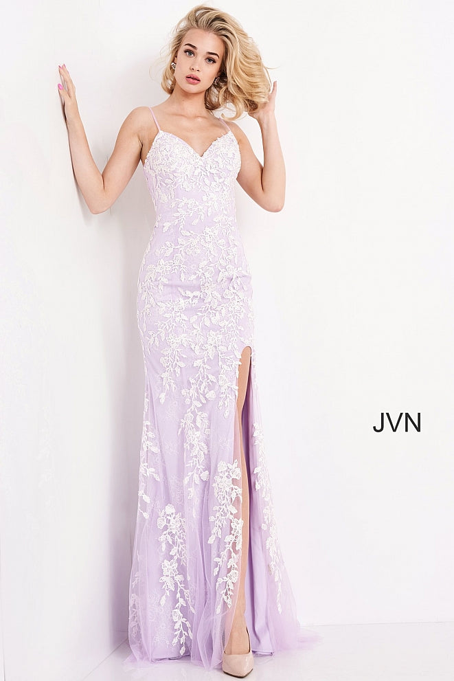 Jovani JVN06660 - JVN 06660 is a long fitted Lace formal evening gown. This Backless prom dress with a lace up corset back closure features floral lace appliques embellished with crystal rhinestones over a lace layer. Fit & Flare Silhouette with a lush sweeping train and a wide thigh slit. Available Sizes: 00,0,2,4,6,8,10,12,14,16,18,20,22,24  Available Colors: Cobalt/Blue, Lilac/White