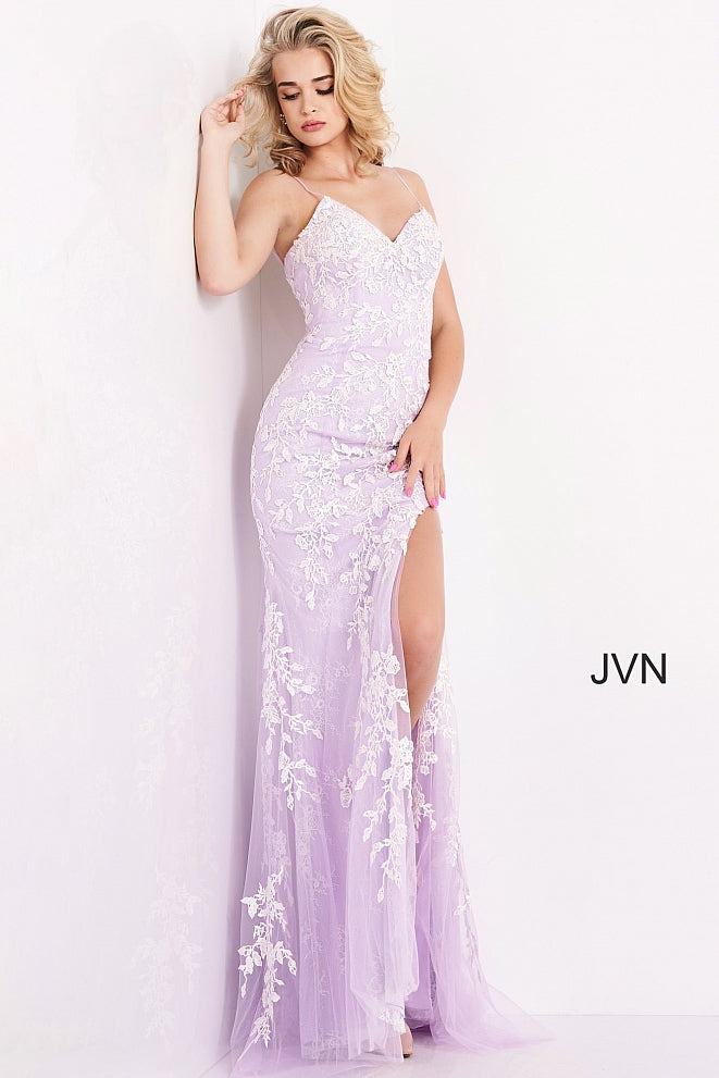 Jovani JVN06660 - JVN 06660 is a long fitted Lace formal evening gown. This Backless prom dress with a lace up corset back closure features floral lace appliques embellished with crystal rhinestones over a lace layer. Fit & Flare Silhouette with a lush sweeping train and a wide thigh slit. Available Sizes: 00,0,2,4,6,8,10,12,14,16,18,20,22,24  Available Colors: Cobalt/Blue, Lilac/White