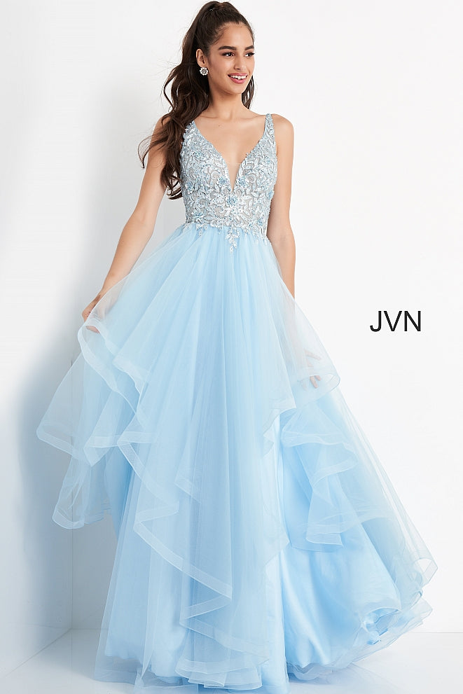 JVN06743 Plunging neckline sheer lace prom dress with layers of tulle trimmed in horsehair trim for added fullness in your ball gown style evening gown.  JVN by Jovani 06743 is perfect for prom or pageant or your next formal event. Available colors:  Sky Blue  Available sizes:  00-24 