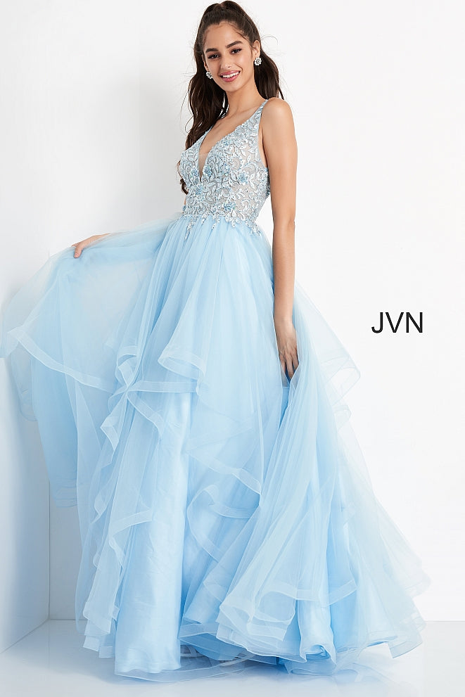 JVN06743 Plunging neckline sheer lace prom dress with layers of tulle trimmed in horsehair trim for added fullness in your ball gown style evening gown.  JVN by Jovani 06743 is perfect for prom or pageant or your next formal event. Available colors:  Sky Blue  Available sizes:  00-24 