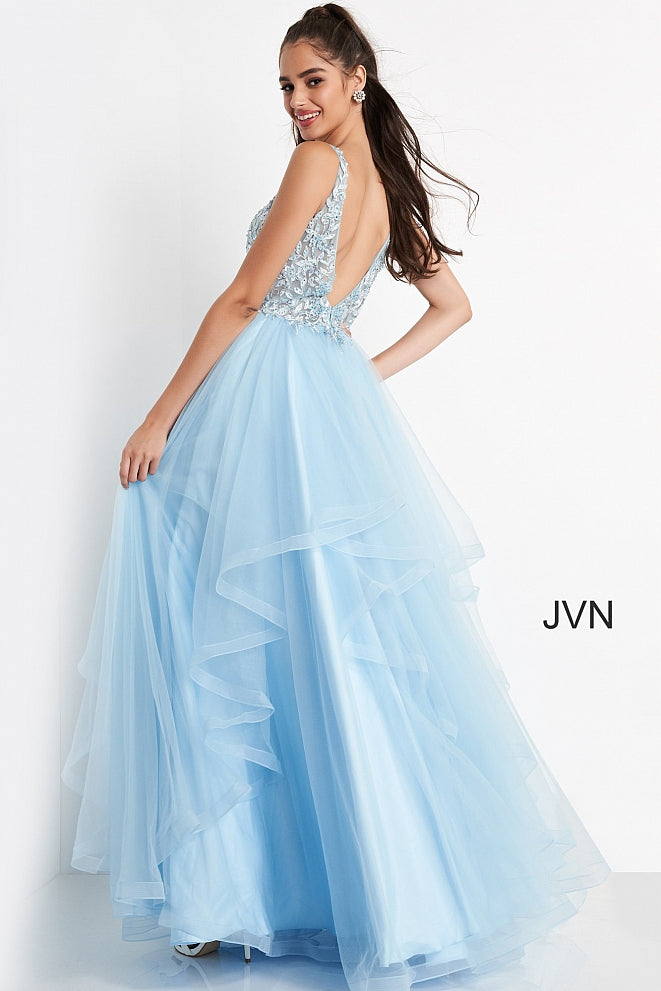 JVN06743 Plunging neckline sheer lace prom dress with layers of tulle trimmed in horsehair trim for added fullness in your ball gown style evening gown.  JVN by Jovani 06743 is perfect for prom or pageant or your next formal event. Available colors:  Sky Blue  Available sizes:  00-24 