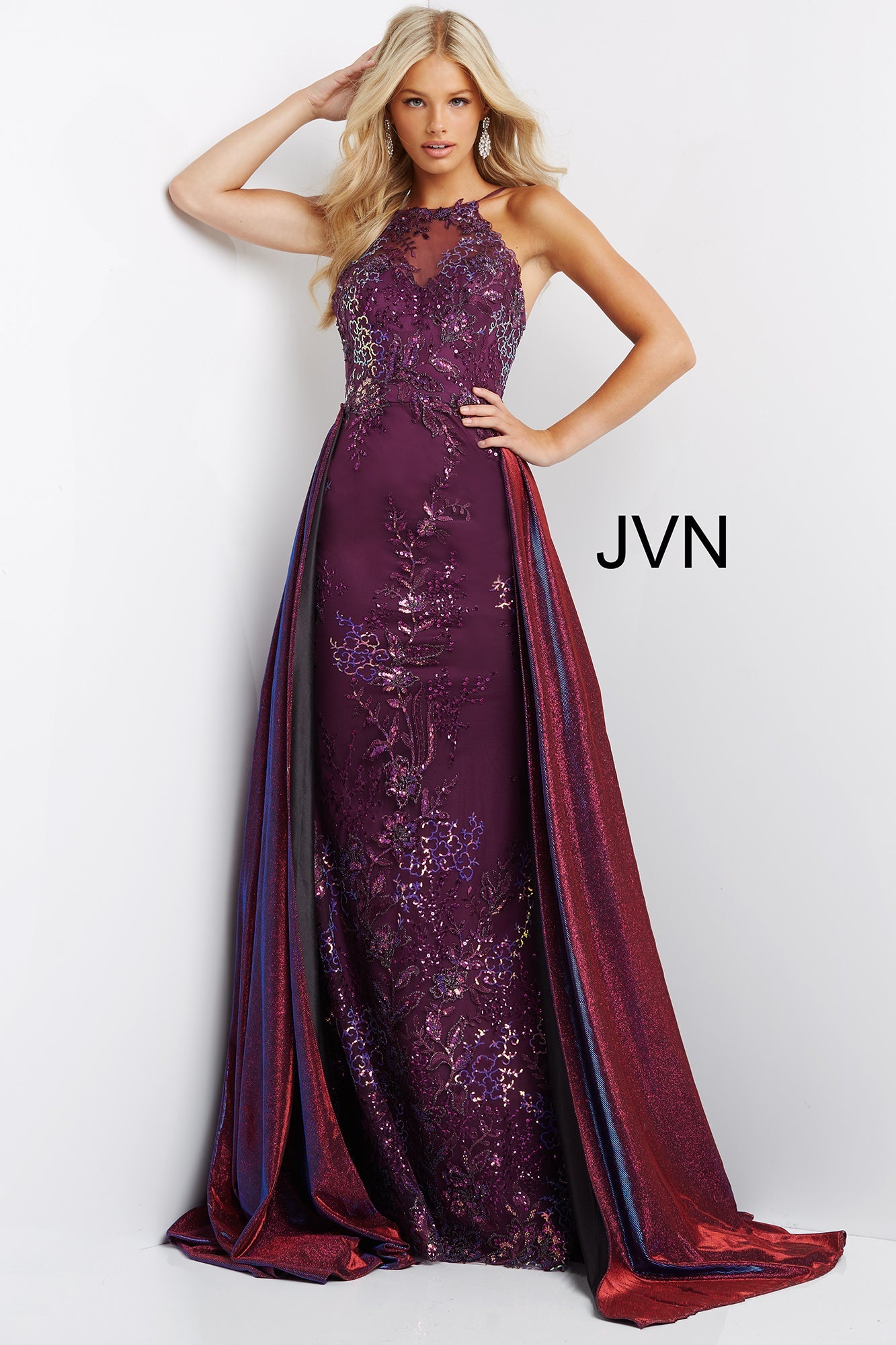 Jovani JVN07379 Long fitted Prom Pageant Gown Overskirt Shimmer Sequin Lace Gown JVN07379 Straight Prom Pageant Gown  Available Size-00-24  Available Color- Periwinkle, Purple