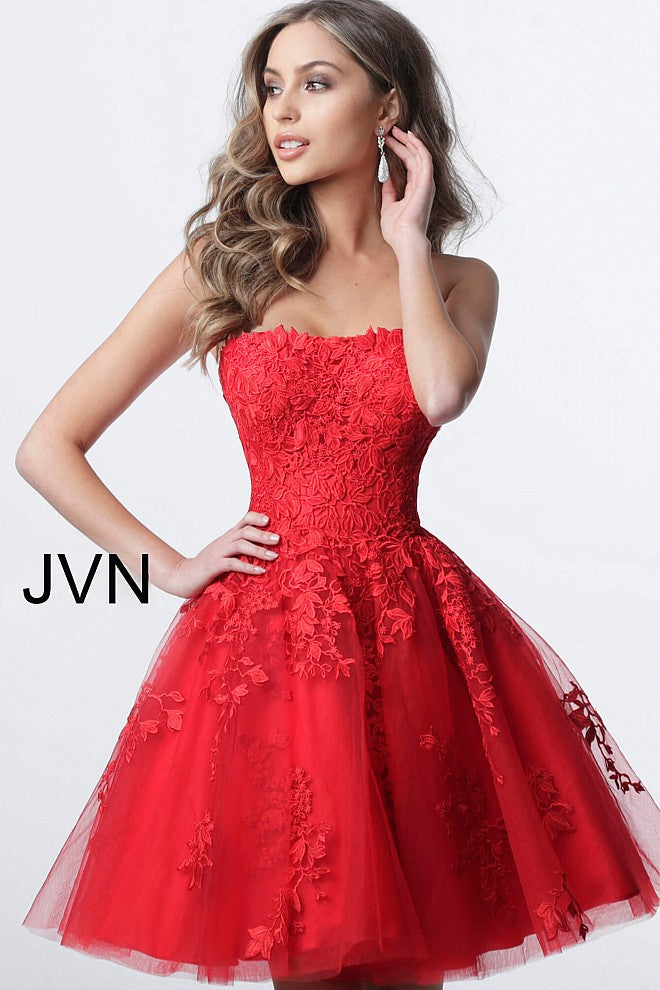 Jovani JVN1830 lace and tulle strapless straight neckline fit and flare short cocktail dress homecoming dress Jovani JVN 1830 Homecoming, Short Cocktail Dress, Formal Evening gown. Strapless Floral Lace embellished homecoming dress  Available Colors: Burgundy, Light Blue, Light Pink, Navy, Off White/Nude, Red  Available Sizes:  00-24