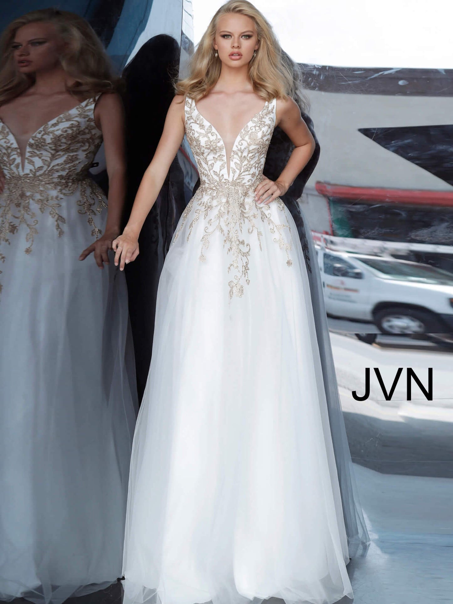 JVN by Jovani 2302 White and Gold Plunging Neckline Embroidered Floral Tulle Ball Gown Prom Dress Evening gown  