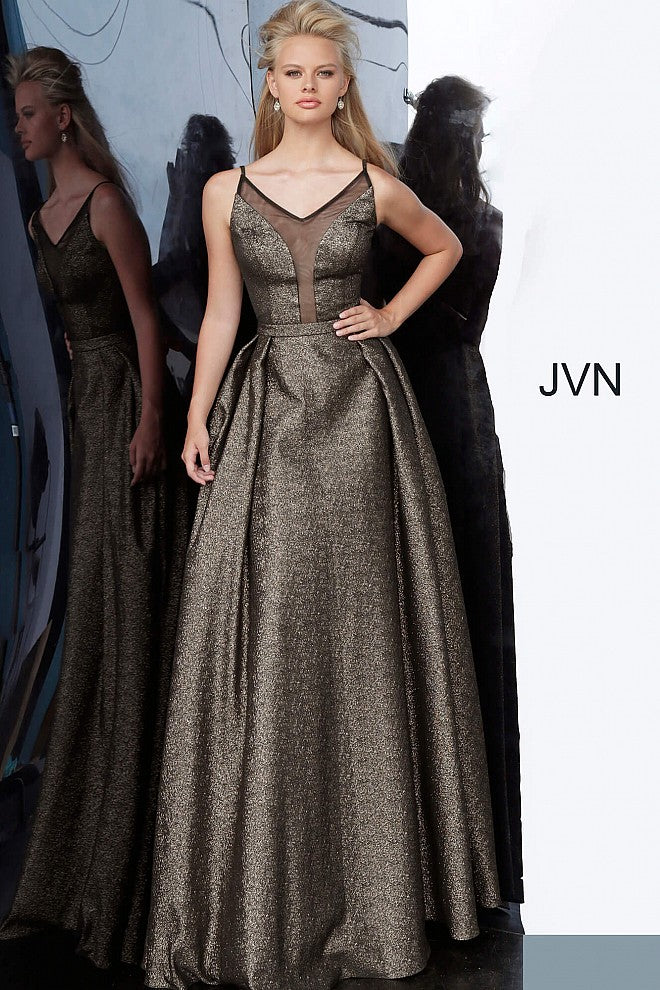 JVN by Jovani 2549 is a Metallic Shimmer Gold Pleated Ball Gown Prom Dress with a deep plunging neckline with mesh!