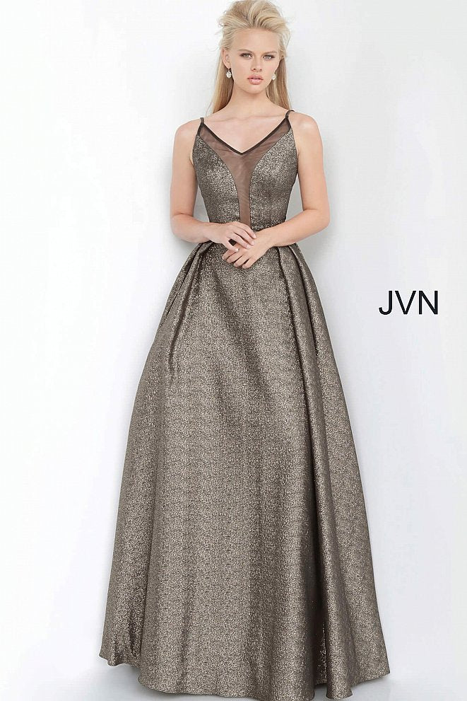 JVN by Jovani 2549 is a Metallic Shimmer Gold Pleated Ball Gown Prom Dress with a deep plunging neckline with mesh!