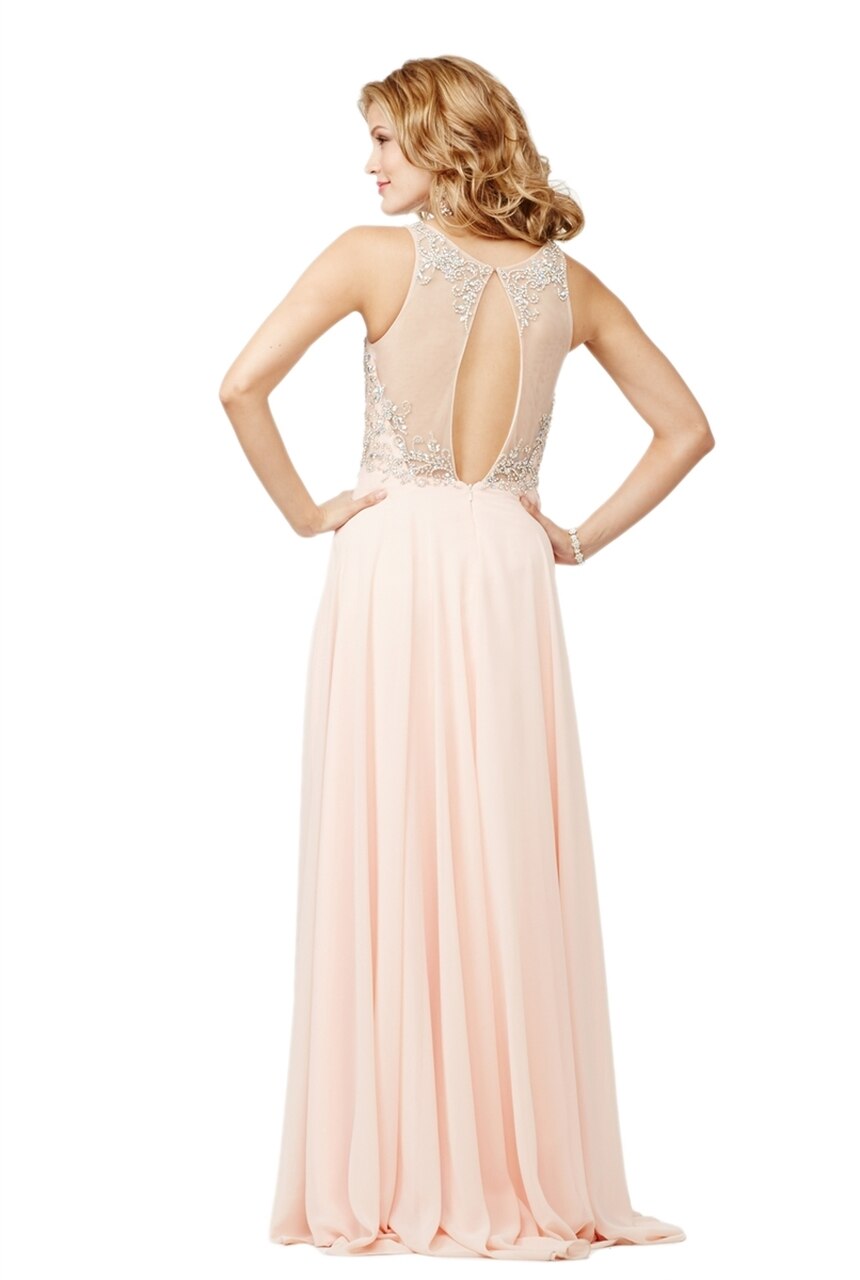 Jovani JVN27809 Peach size 10 A Line Sheer Embellished Formal Dress Backless