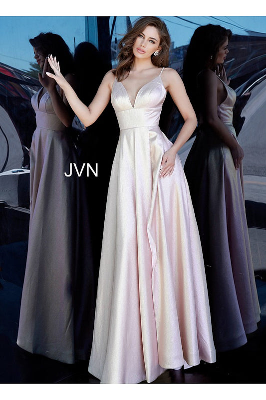 JVN3781 Blush Metallic prom dress, floor length A line skirt, empire waist sleeveless bodice, plunging neckline, embellished straps over shoulders, half back.