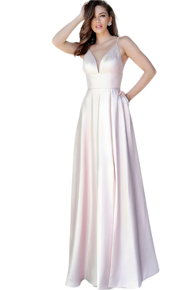 JVN3781 Blush Metallic prom dress, floor length A line skirt, empire waist sleeveless bodice, plunging neckline, embellished straps over shoulders, half back.