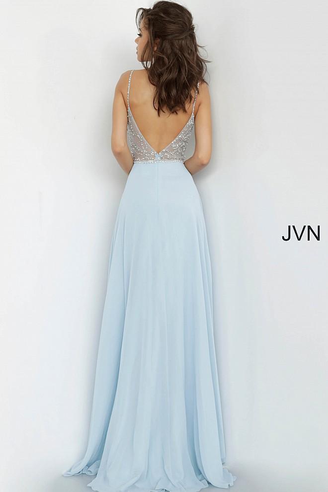 JVN4410 JVN 4410 is a long flowy pageant gown prom dress. Featuring a sheer embellished bodice and open back with with a V neckline and spaghetti straps. Flowing chiffon skirt with slit evening gown. 