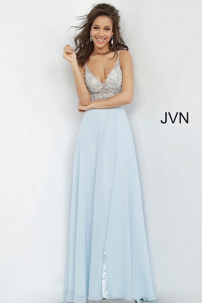 JVN4410 JVN 4410 is a long flowy pageant gown prom dress. Featuring a sheer embellished bodice and open back with with a V neckline and spaghetti straps. Flowing chiffon skirt with slit evening gown. 