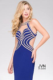 Jovani JVN47009 Embellished halter neckline prom dress with illusion sweetheart designed with rows of beaded crystals and side cutouts that lead to an open back.  Features rows of cascading crystals down the back of the dress and train. JVN by Jovani 47009 Prom Dress Pageant Gown, Evening Gown   Available Size: 8  Available Color: Purple