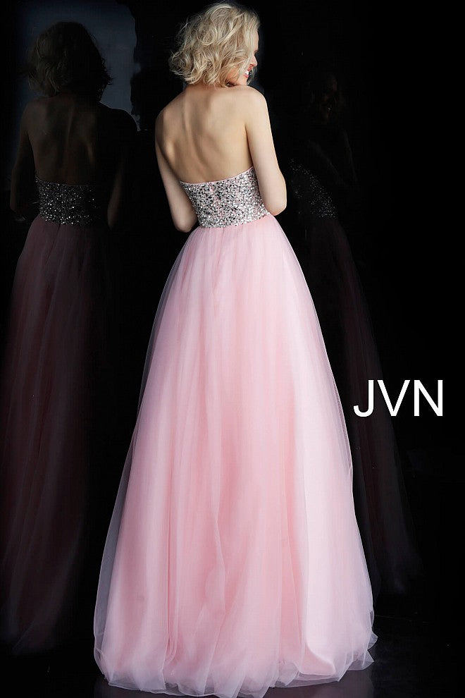 JVN52131 crystal embellished bodice strapless straight neckline long tulle prom dress ball gown 