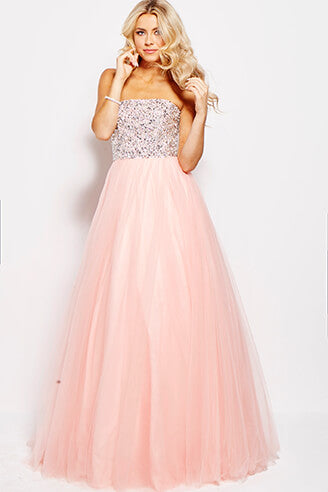 JVN52131 crystal embellished bodice strapless straight neckline long tulle prom dress ball gown 