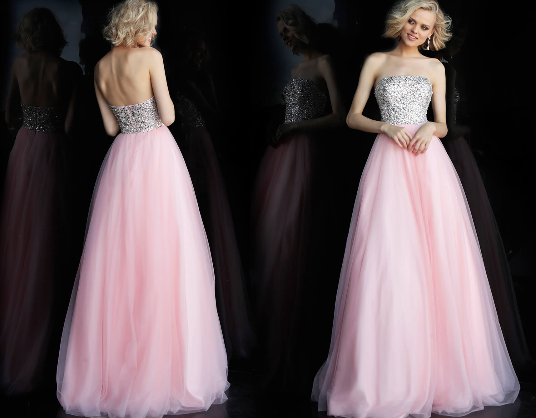 JVN52131 crystal embellished bodice strapless straight neckline long tulle prom dress ball gown 