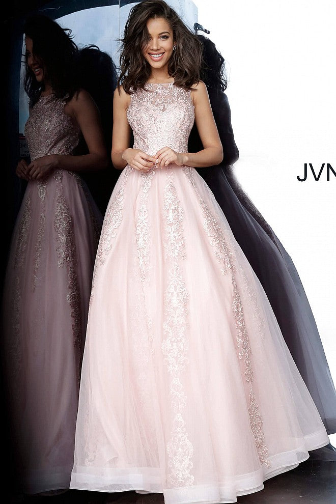 JVN59046 Blush long prom dress with embellished lace applique front and back ball gown evening dress 