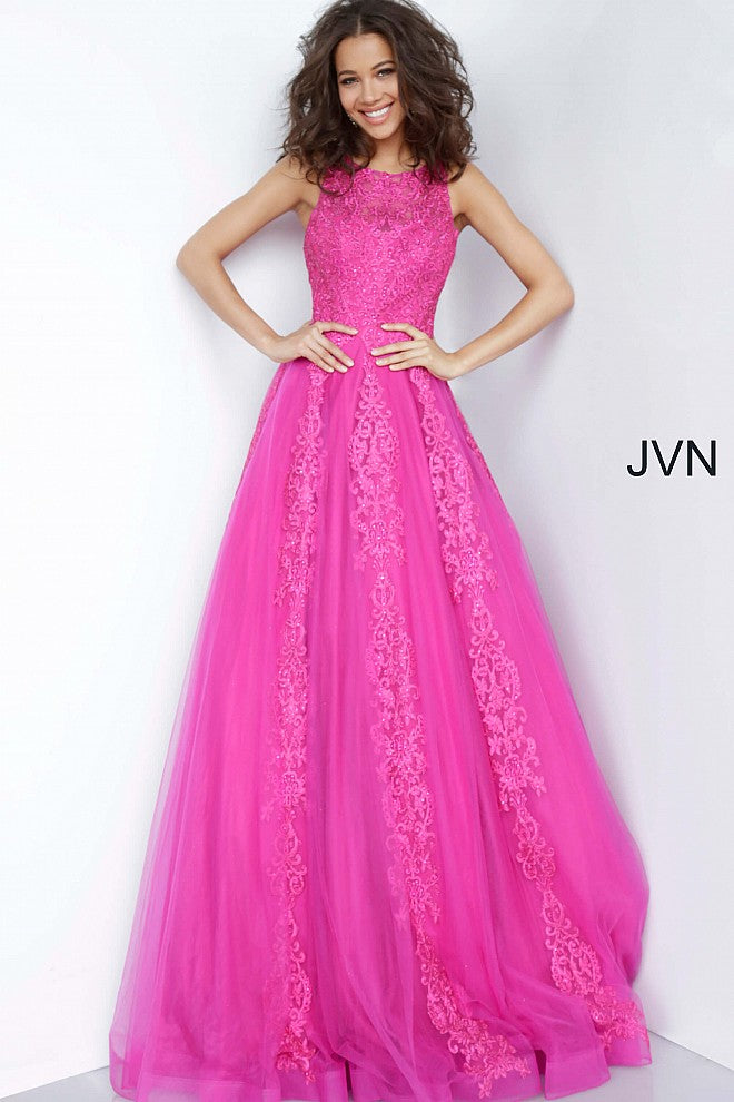 JVN59046 Fuchsia embellished lace applique prom dress with sheer high neckline sheer lace back and lace applique that stream down the length of the long prom dress evening gown 