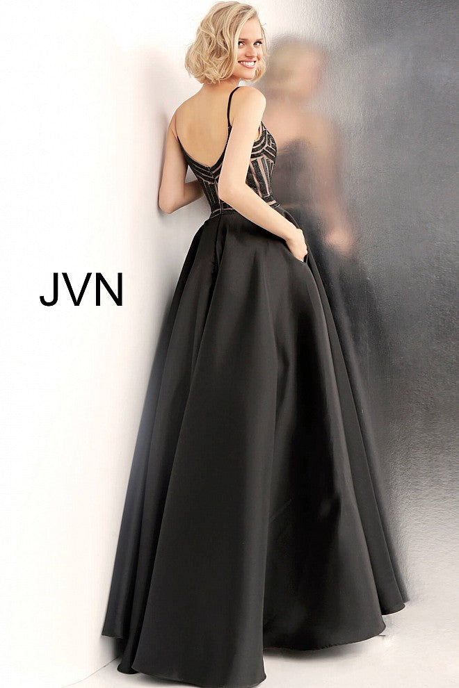 JVN62510  Black and nude beaded prom ballgown with embellished sleeveless fitted bodice, sweetheart neckline and spaghetti straps, floor length pleated a-line skirt with side pockets.