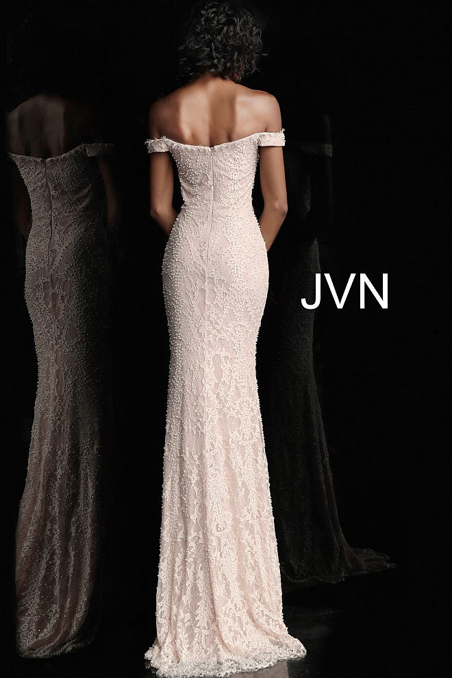 JVN by Jovani 66695 off the shoulder pearl embellished fitted eyelash lace prom dress evening gown bridesmaid dress mother of the bride or groom gown 