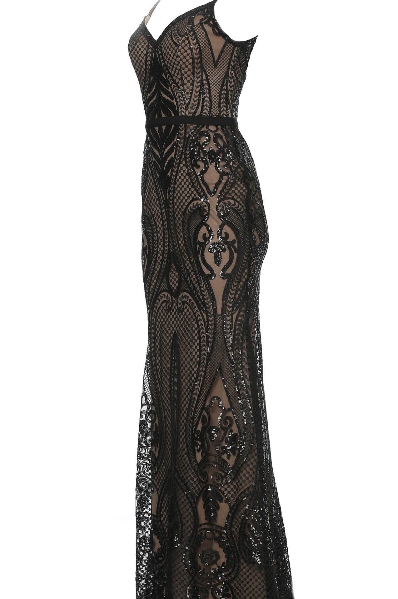 JVN66960 Embellished evening dress with nude underlay, form fitting silhouette, floor length skirt, satin belt at high waist, sleeveless bodice with V neck and spaghetti straps over shoulders, open back