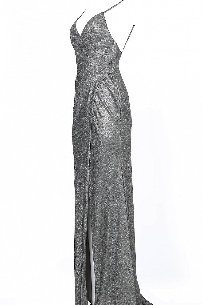 JVN67102 Silver metallic iridescent shimmer prom dress evening gown with ruched waistline