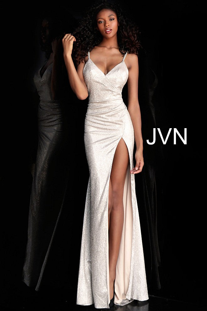 JVN67102 Silver metallic iridescent shimmer prom dress evening gown with ruched waistline