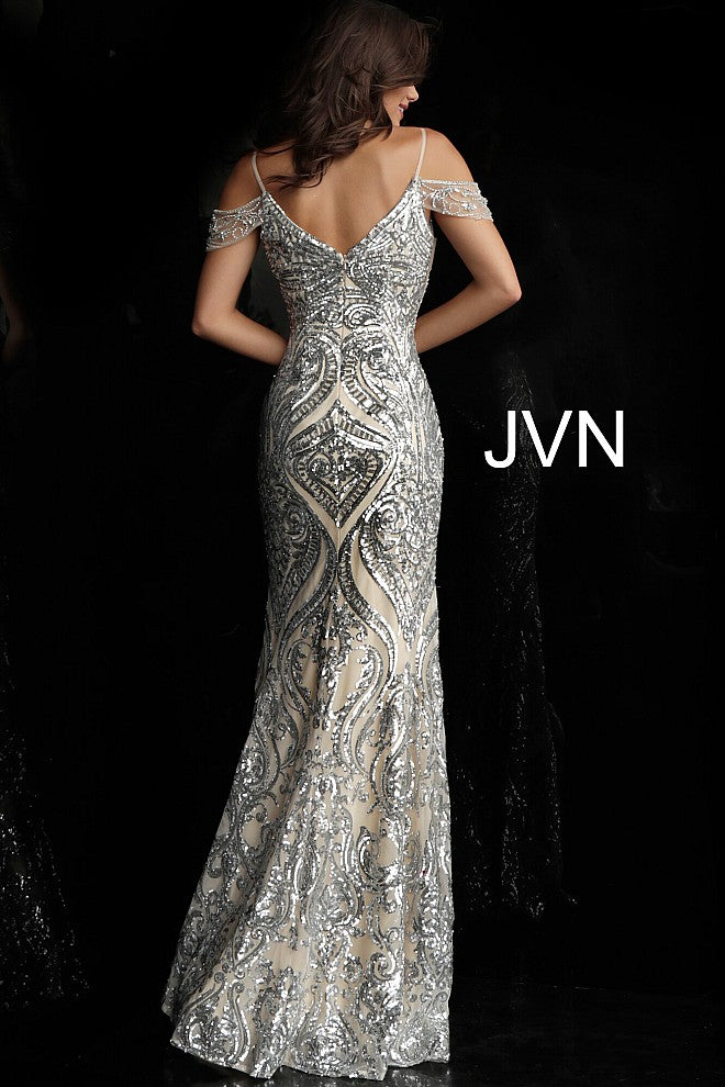 JVN67256 romantic off the shoulder embellished prom dress evening gown informal wedding dress silver nude pageant gown 