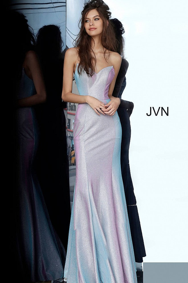 JVN 68190 is a Lilac Iridescent Shimmer Mermaid Prom Dress. Featuring a fitted slight mermaid silhouette with an iridescent color changing fabric. V neckline. slight train in the back.