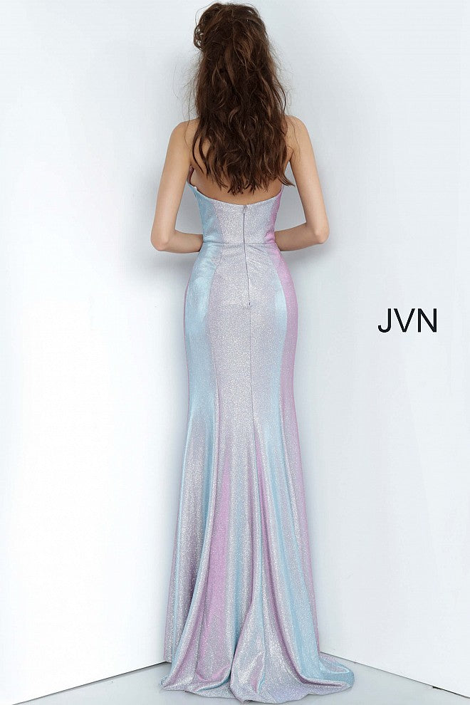 JVN 68190 is a Lilac Iridescent Shimmer Mermaid Prom Dress. Featuring a fitted slight mermaid silhouette with an iridescent color changing fabric. V neckline. slight train in the back.