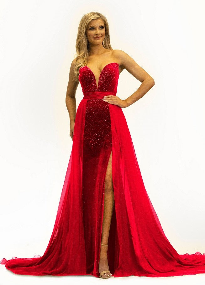 Johnathan-Kayne-2306-Red-Prom-dress-front-embellished-strapless-v-point-neckline-overskirt-1