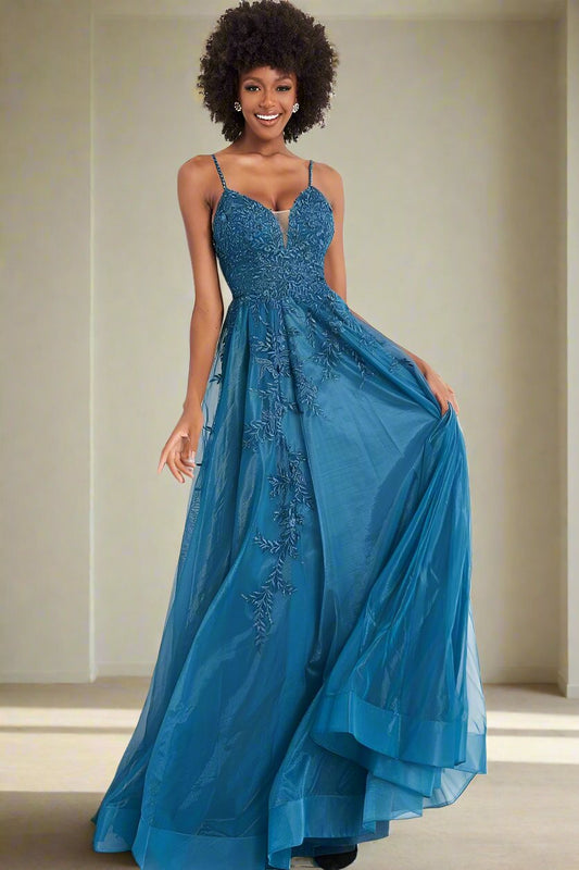 Jovani 02266 teal plunging v neckline embroidered lace A line prom dress, pageant gown evening dress with lace that flows down the long A line skirt.  JNV by Jovani 02266 Prom Dress, Evening Gown  Available colors:  Red, Teal, White  Available sizes:  00, 0, 2, 4, 6, 8, 10, 12, 14, 16, 18, 20, 22, 24