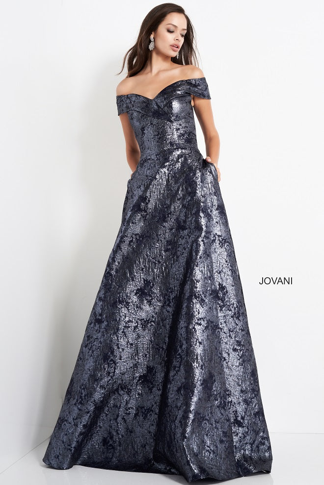 Jovani 03674 Navy Brocade Evening Dress Sweetheart Neckline Off the Shoulder Straps