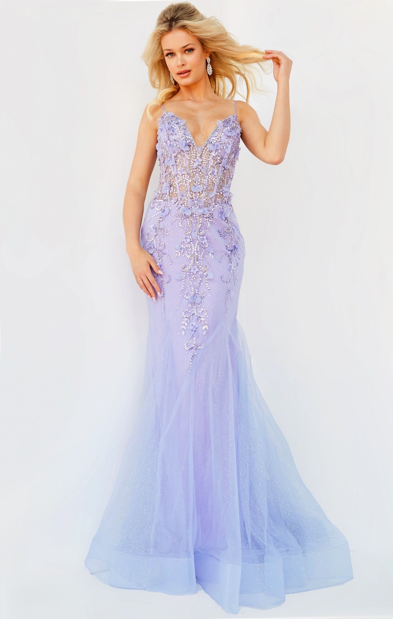 Jovani 05839 is an elegant long mermaid prom dress made of high-quality polyester/spandex fabric blend. It features a floral pattern V-neckline and a body-hugging silhouette, guaranteed to make a statement. The advanced manufacturing processes provide a comfortable fit and make it a perfect formal wear for any special occasions.