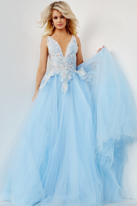 Jovani Prom Dress 06808 Light Blue Floral Lace Long Ball gown