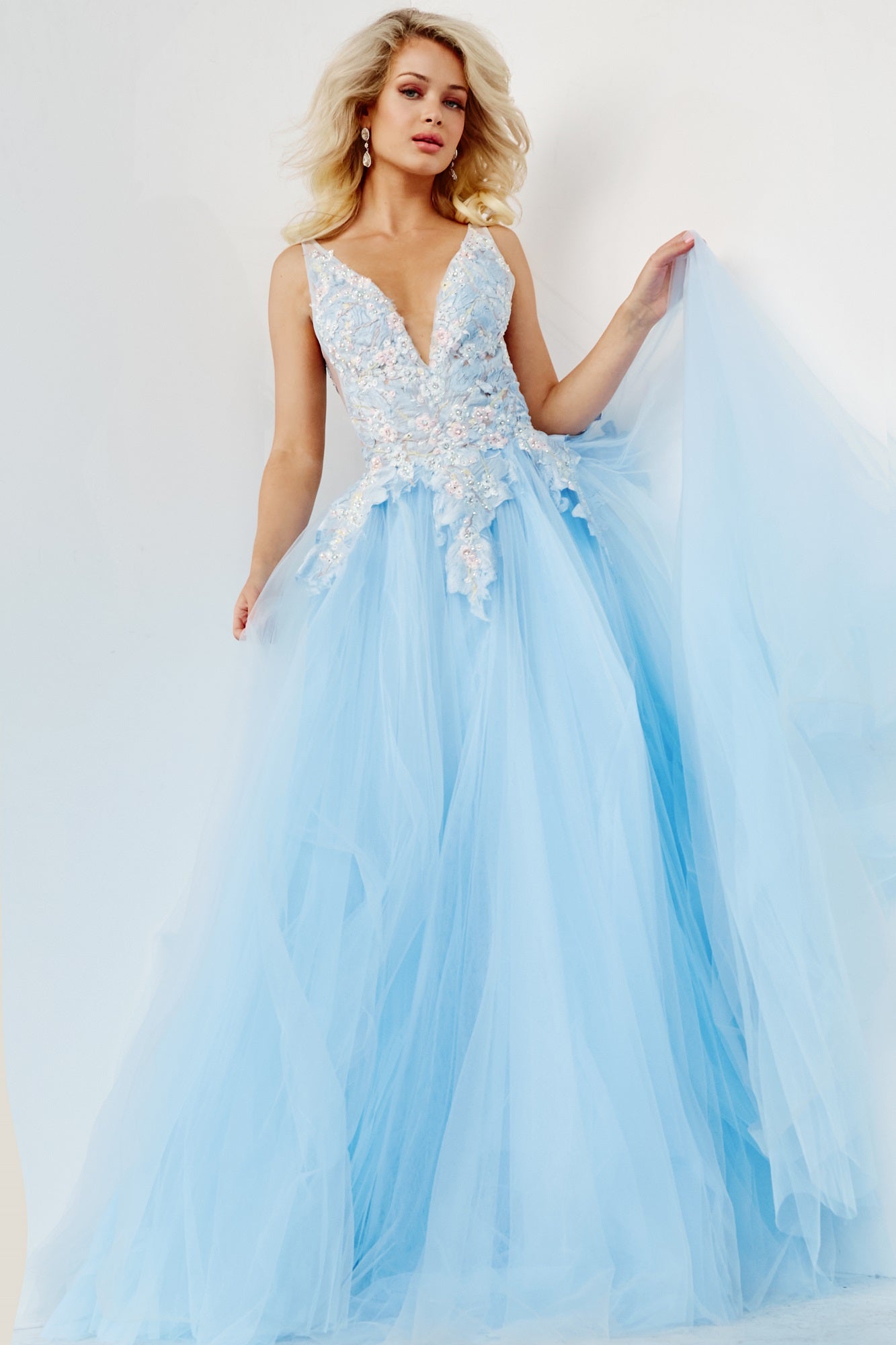 Jovani Prom Dress 06808 Light Blue Floral Lace Long Ball gown