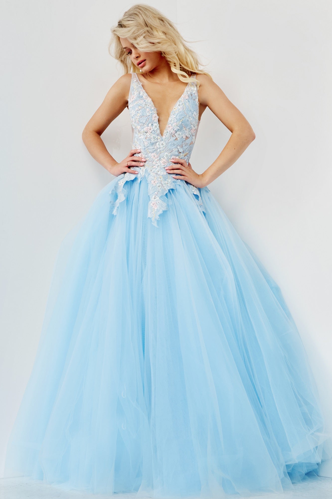 Jovani Prom Dress 06808 Light Blue Floral Lace Long Ball gown