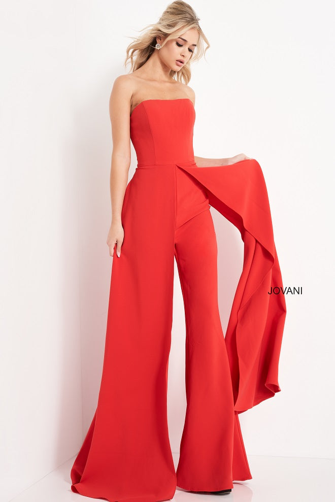 Jovani 03529-Red-Jumpsuit-Front-View-Strapless-Straight-Neckline-Overlay