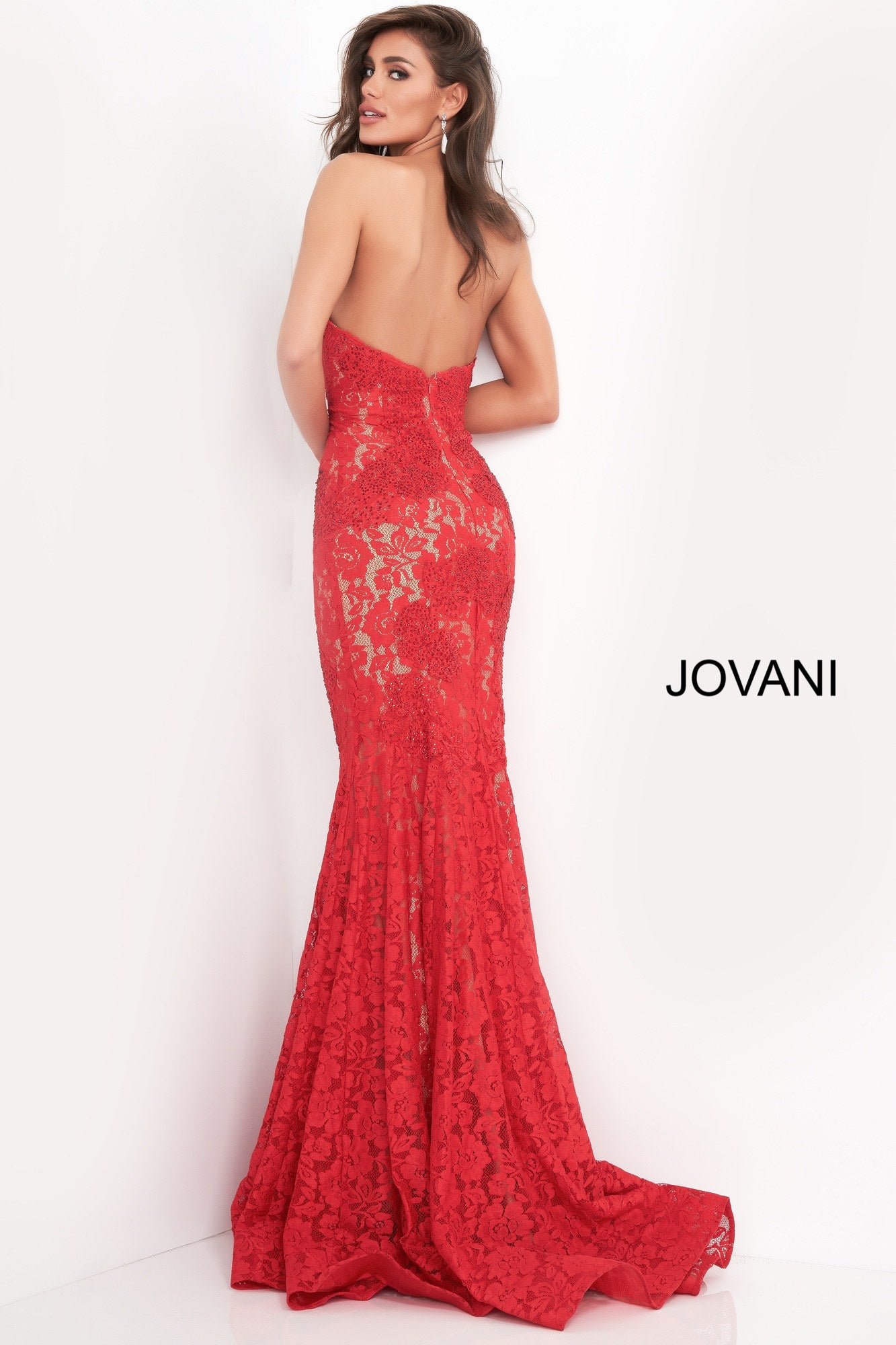 Jovani 37334 strapless embellished lace prom dress Fitted Mermaid Long peak point neckline