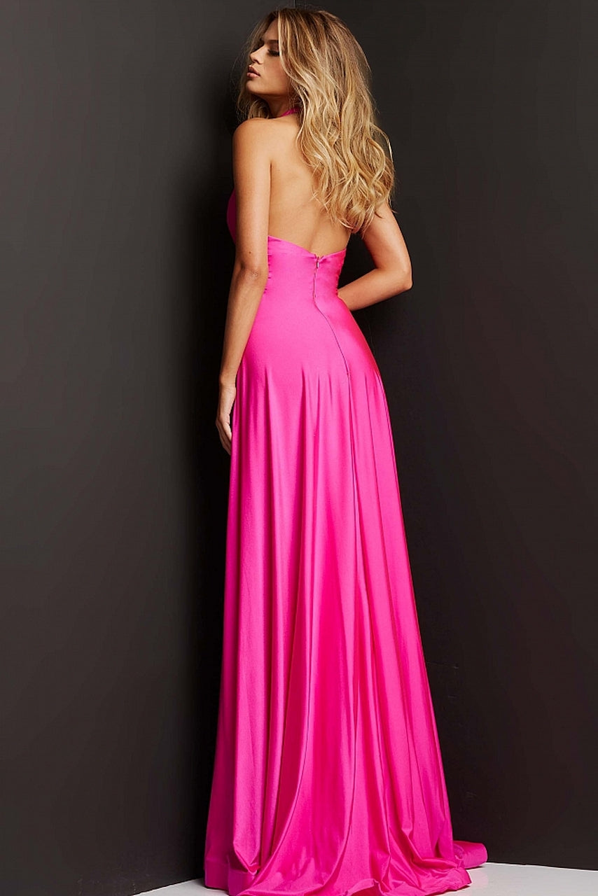 Jovani JVN08640 Long A Line Maxi slit prom dress halter V neck Pockets Stretch   Available Sizes: 00-24  Available Colors: Green, Hot Pink, Lime, Purple