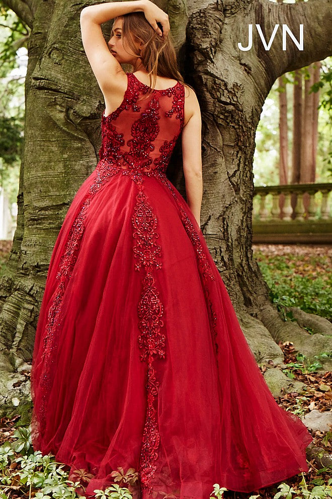 JVN59046 Burgundy prom dress with sheer lace applique high neckline and sheer full back lace applique coverage with zipper and long tulle ball gown skirt 